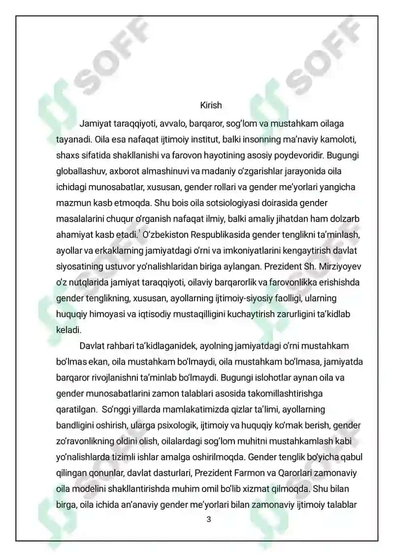 Mustaqil ish. Oila va gender munosabatlar 3