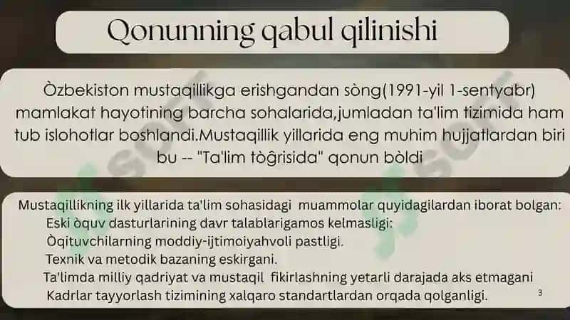 Mustaqillik yillarda Ta'lim tòĝrisida qonun qabul qilinishi 3