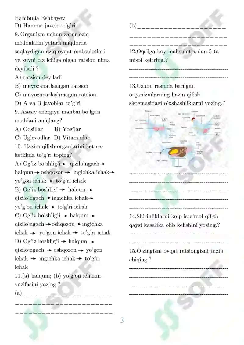Nazorat ishi – Tabiy fan 6- sinflar uchun 3