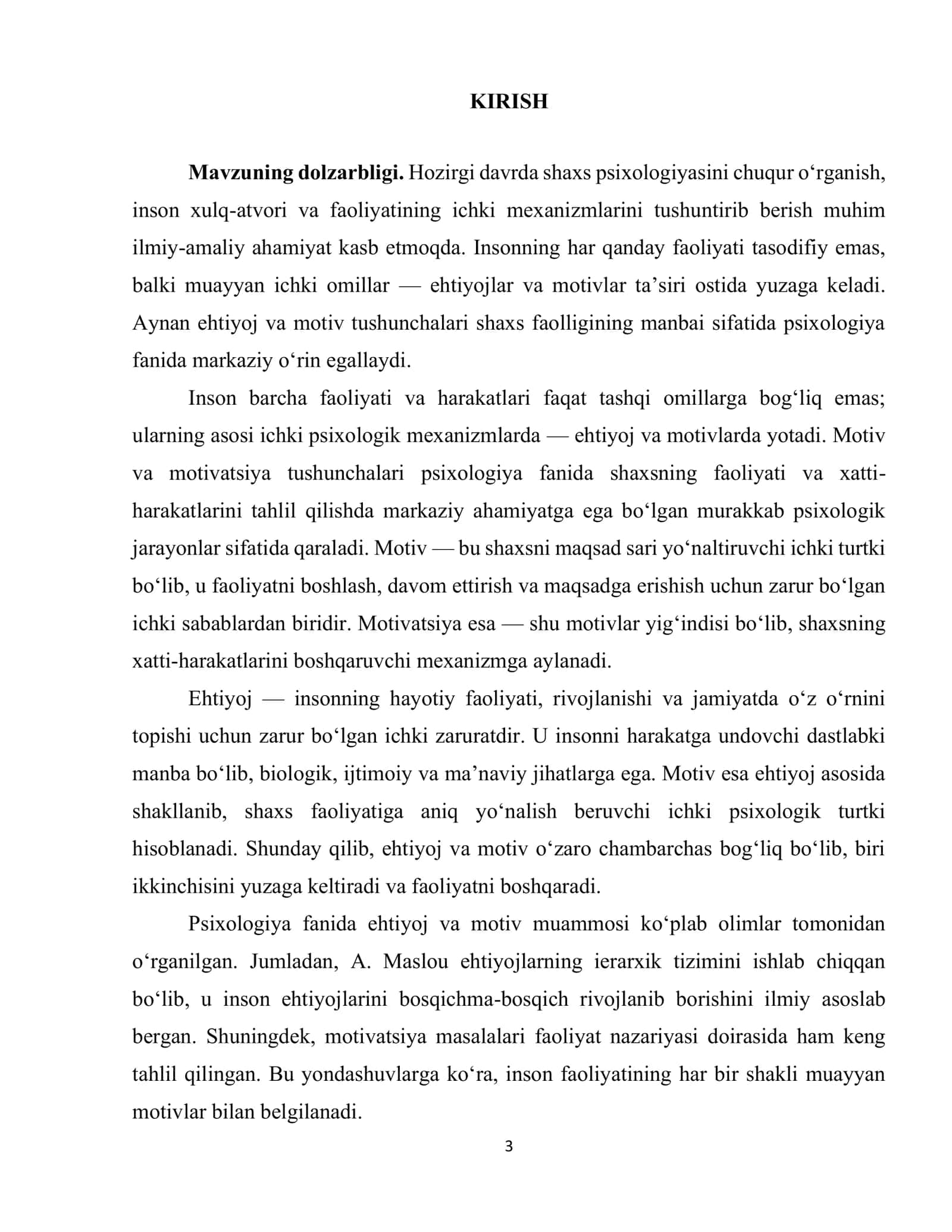 Motiv va ehtiyojning ta'riflari, ularning tasnifi 3