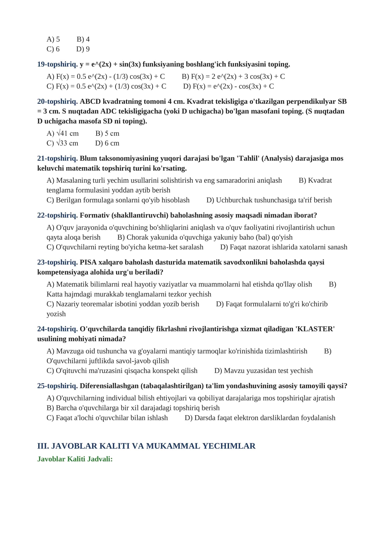 Matematika fanidan Toifa Attestatsiya testlari 2026-yilgi (Javoblari bilan) 3
