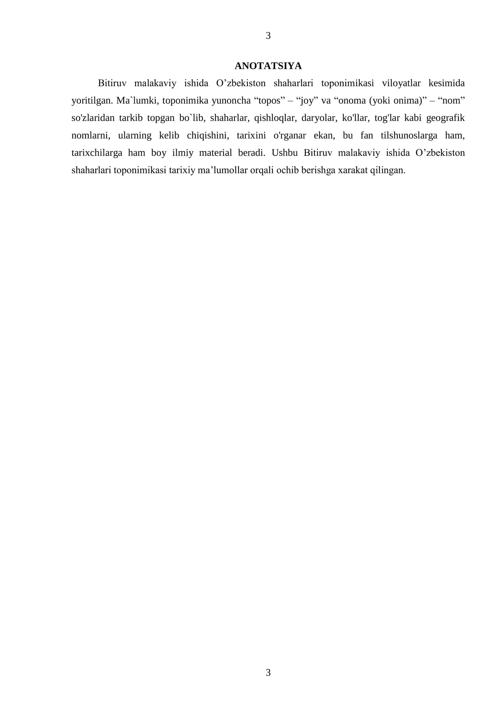 O`ZBEKISTON SHAHARLARI TOPONIMIKASI BITIRUV MALAKAVIY ISHI 3