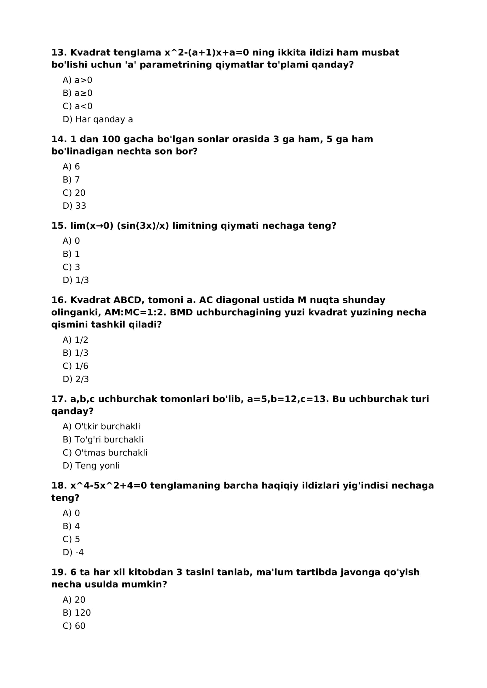1-bosqich test savollari to'plami 3
