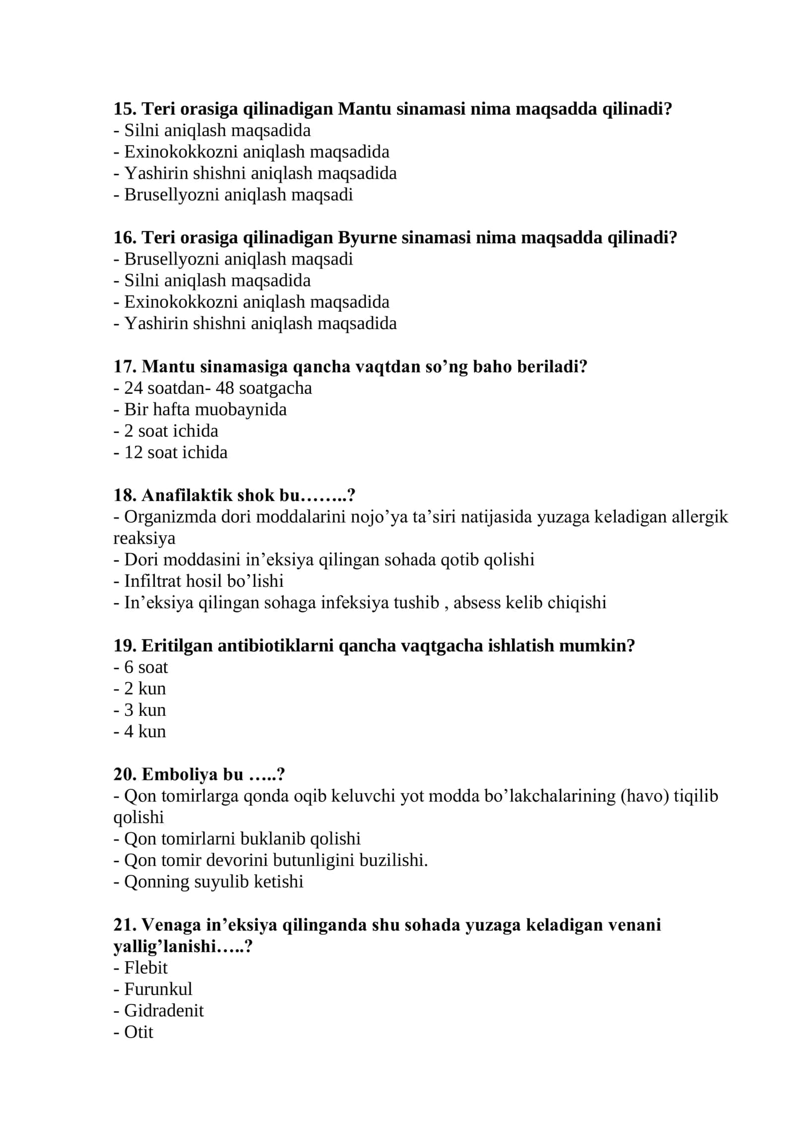 Xalqaro Hamshiralik Ishi Test Savollari Ro'yxati 3