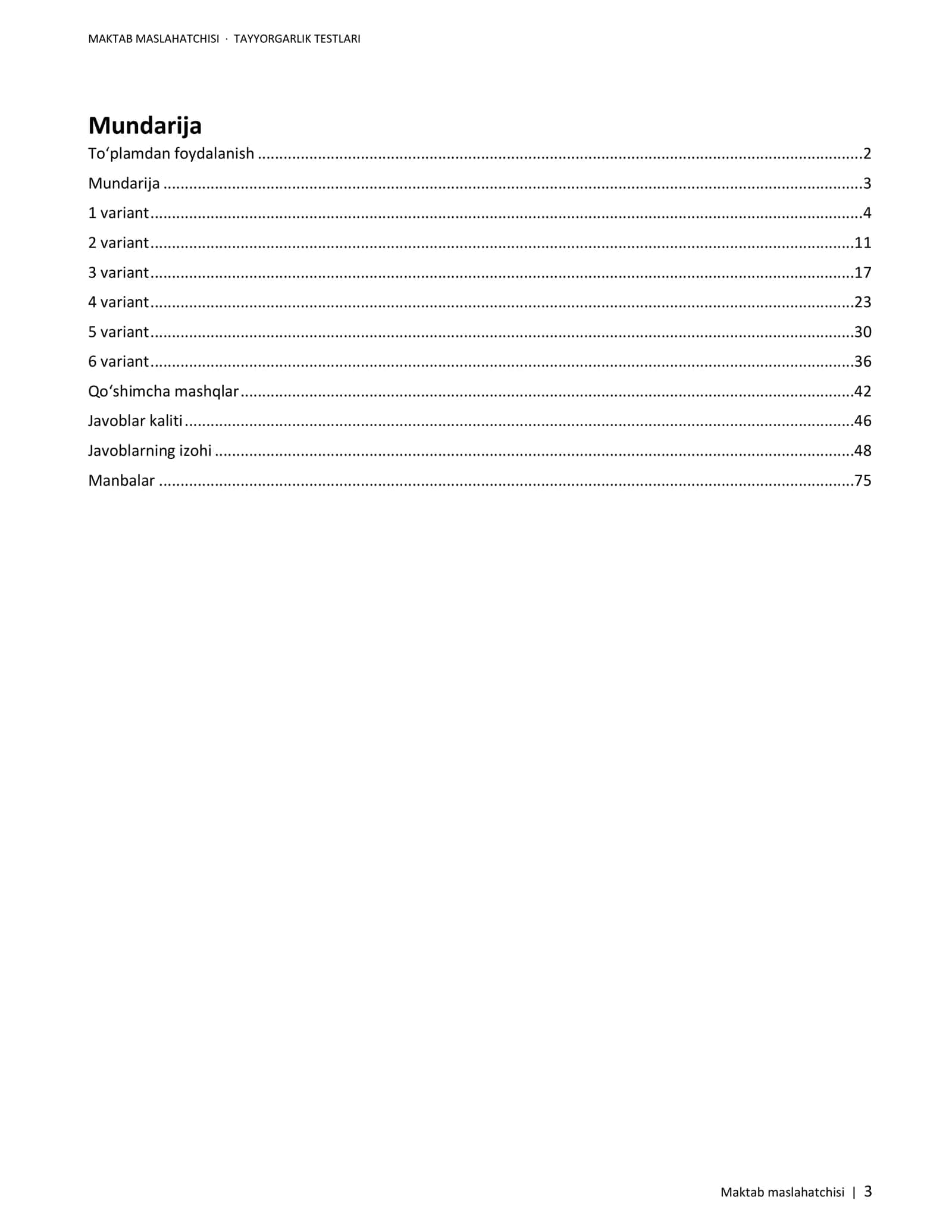 Maktab maslahatchisi — 200 ta izohli test, 6 variant va javoblar kaliti 3