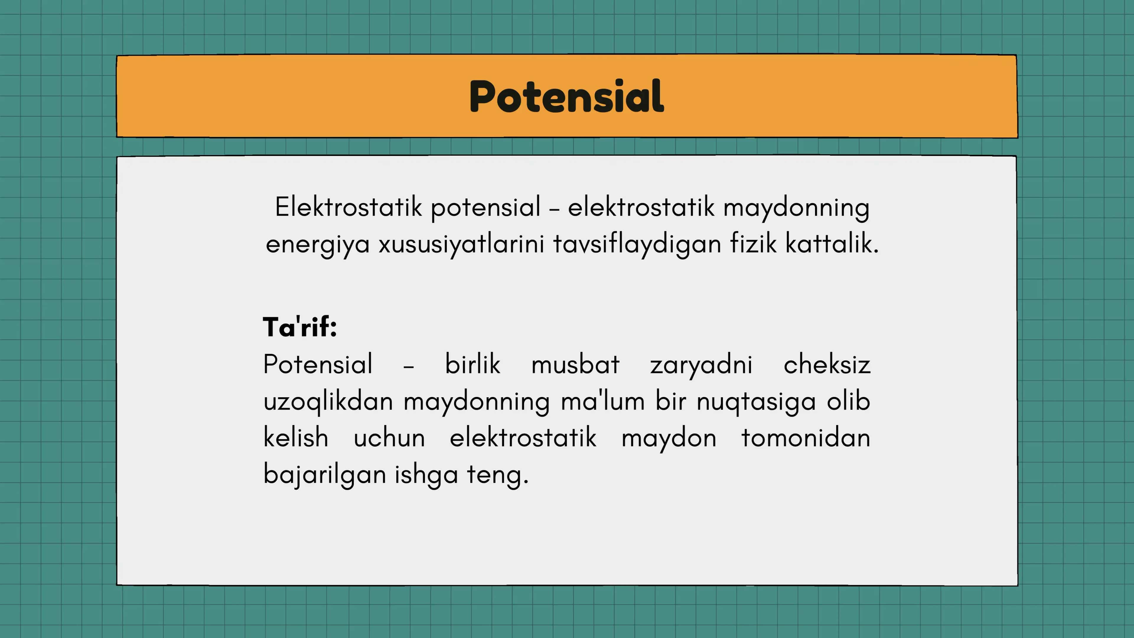 Elektrostatik maydonda bajarilgan ish potensiali 3