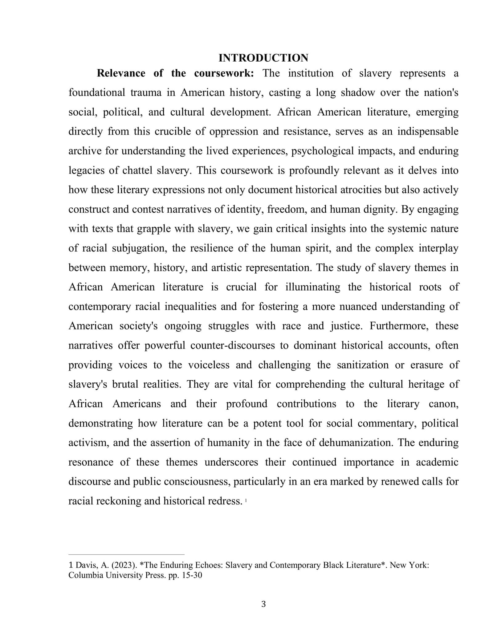 COURSE WORK: "SLAVERY THEMES IN AFRICAN AMERICAN LITERATURE" 3