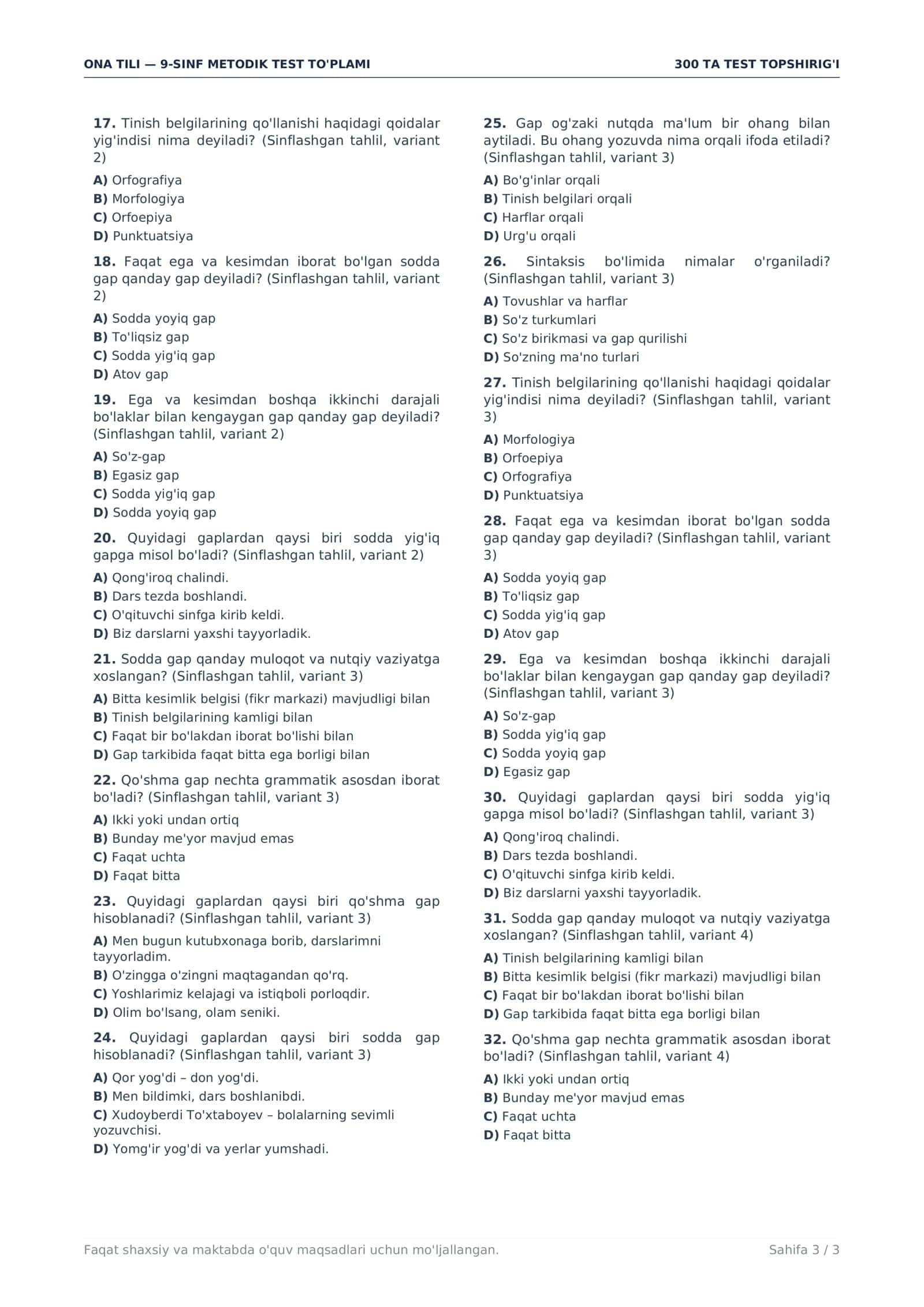 9-SINF ONA TILI | 300 TA MAVZULASHTIRILGAN TEST + JAVOBLAR PDF 3