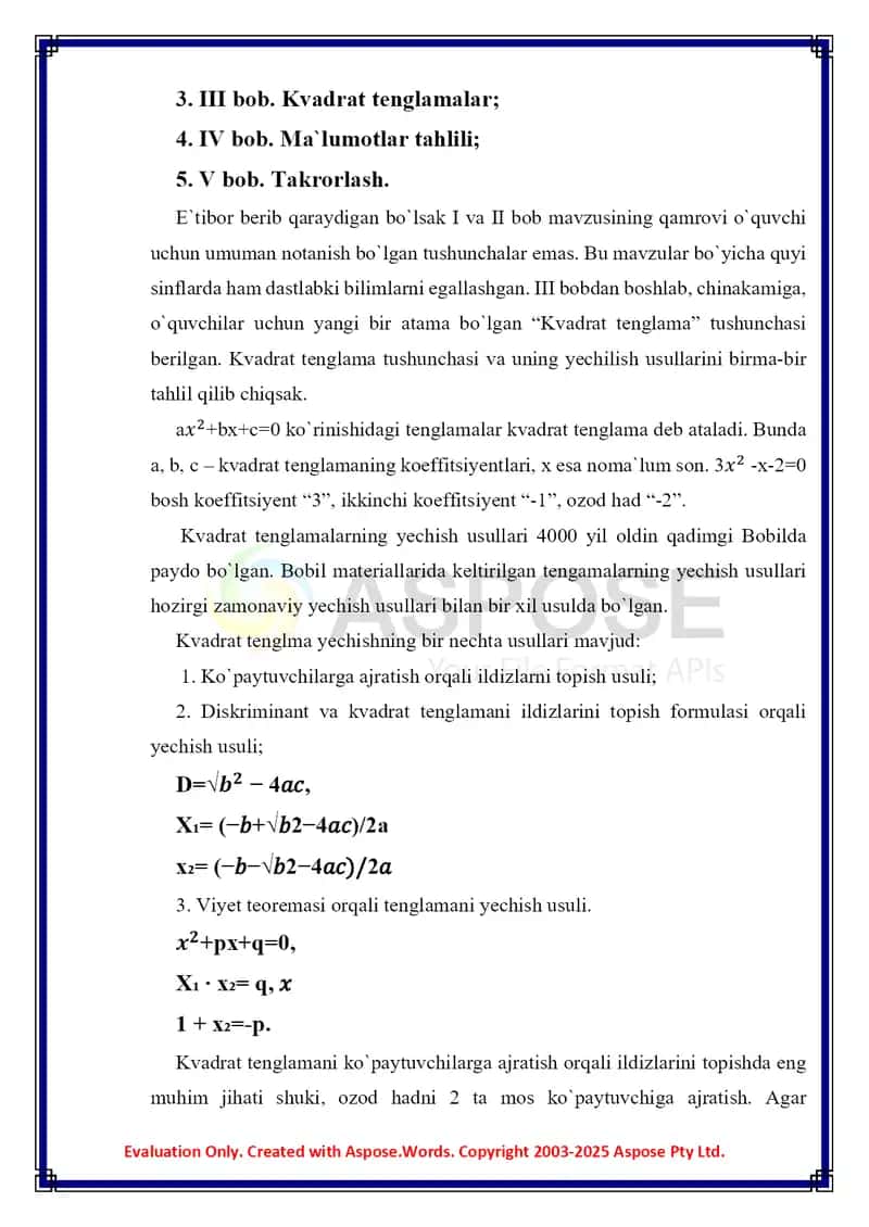 Dars ishlanma MATEMATIKA Kvadrat tenglama 4