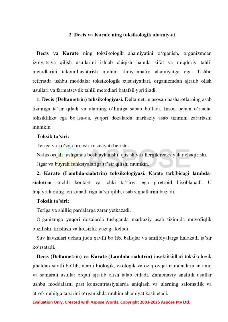 8. Decis va karate. Toksikologik ahamiyati, izolyatsiyasi, sifat va miqdoriy tahlil. Referat 9 bet. 4