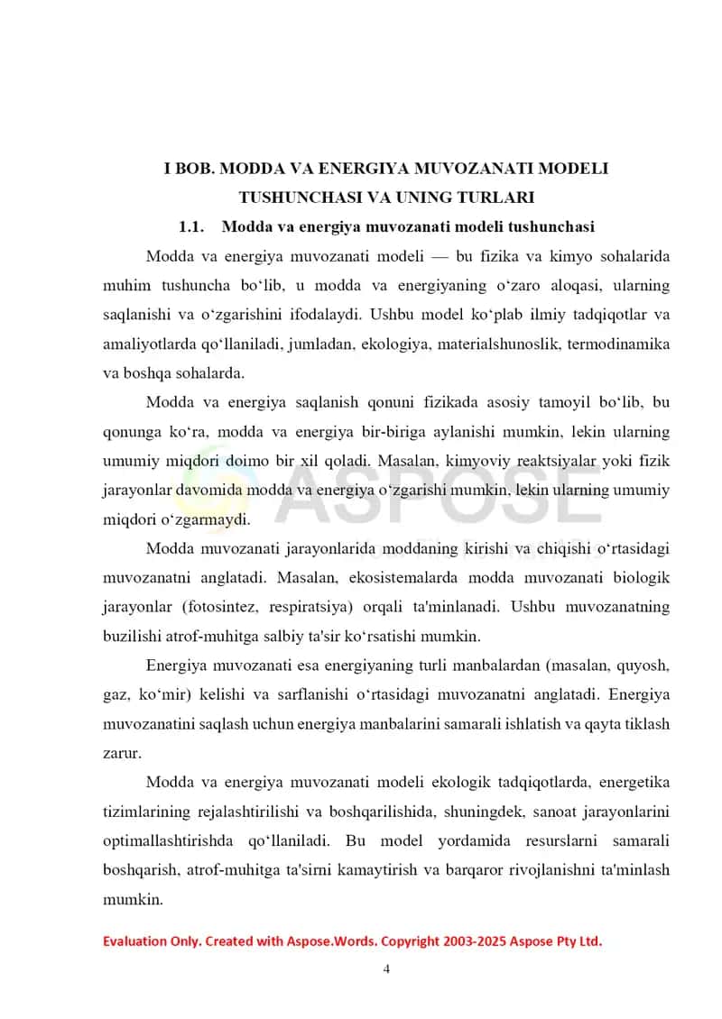 Modda va energiyani muvozanat modeli 4