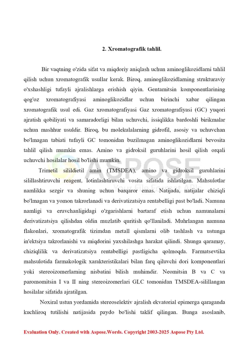 Aminoglikozidlarning tahlilida xromotografik usullarining qo'llanilishi. Referat 14 bet 4