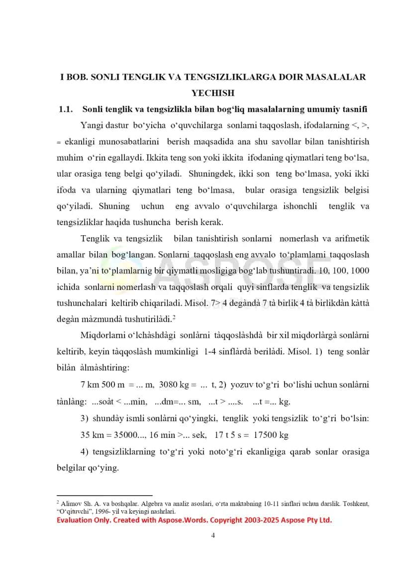 Sonli tenglik va tengsizliklarga doir masalalar yechish 4