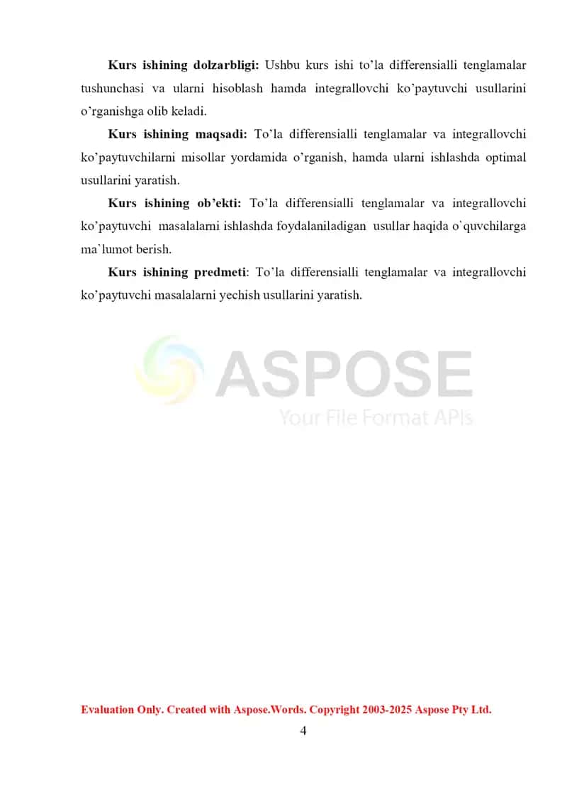 To’la differensialli tenglamalar va integrallovchi ko’paytuvchi 4