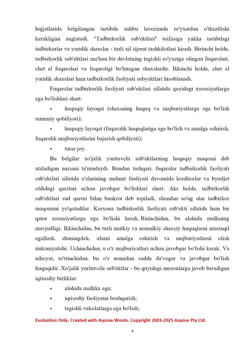 Tadbirkorlik faoliyati subyektlari taqdimoti 4