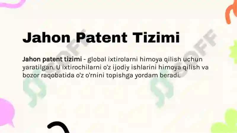 Jahon patent tizimi. O'zbekiston patent tizimini shakllantirish 4