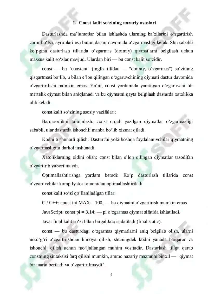 Const kalit so'zi, literal qiymatlar va ularning turlari 4