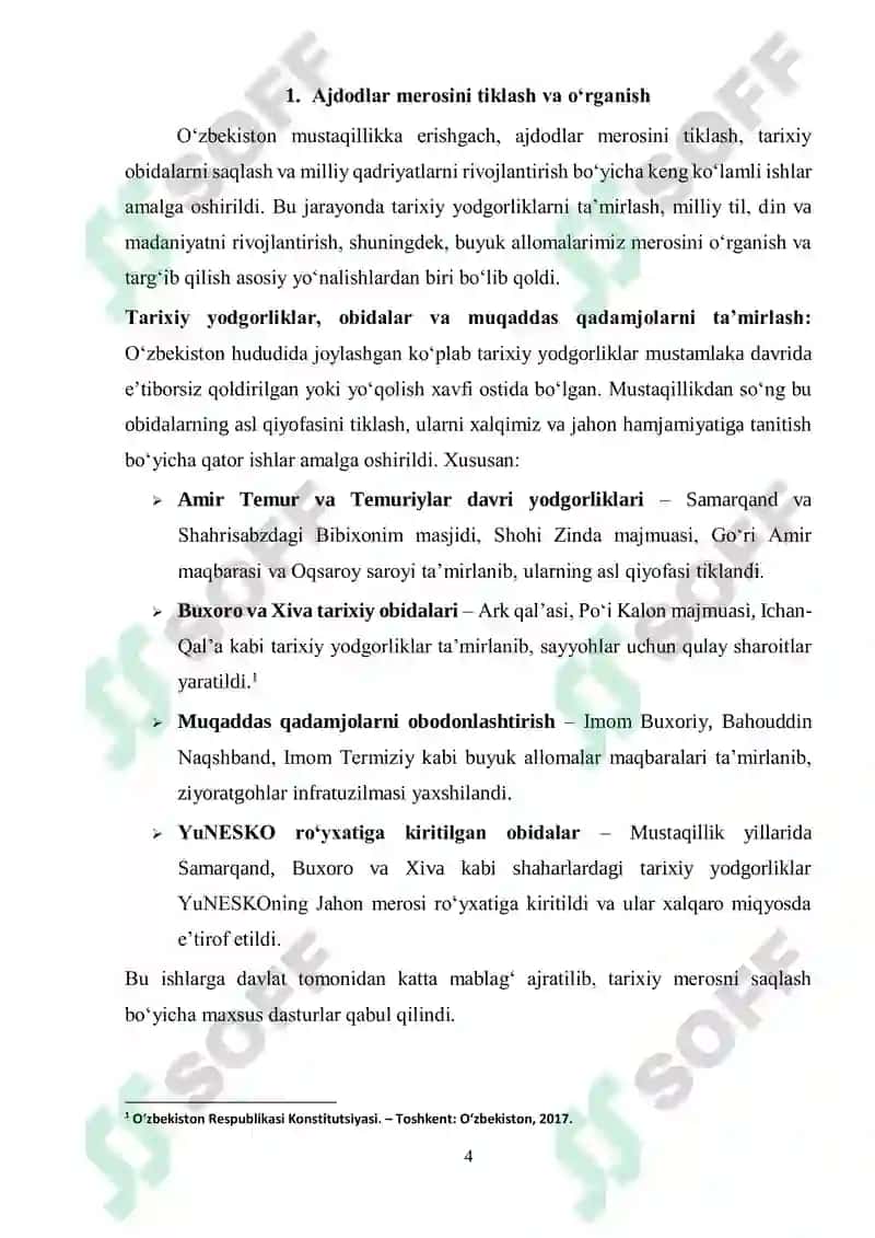 Mustaqillik yillarida ajdodlar merosi va milliy qadriyatlarni tiklash borasidagi amalga oshirilgan ishlar 4