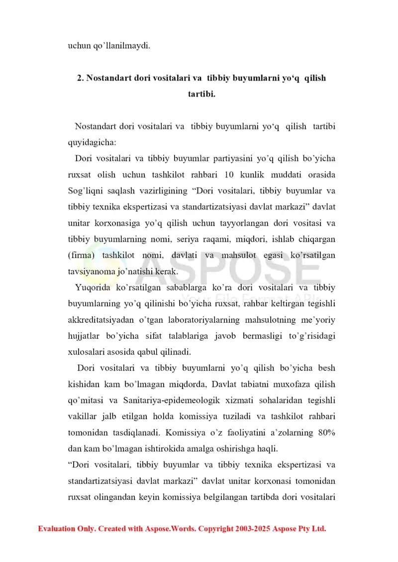 6. Nostandart dori vositalari va tibbiy buyumlarni yo’q qilish tartibi. Referat 7 bet. 4