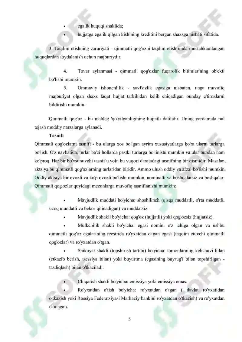 Qimmatli Qog’ozlar va Ularning Amal Qilishi 5