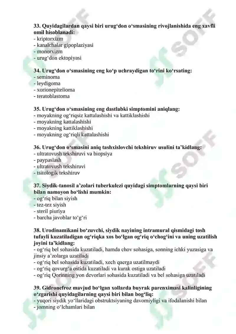 Andrologiya va seksopatologiya mutaxassisligi test savollari 6