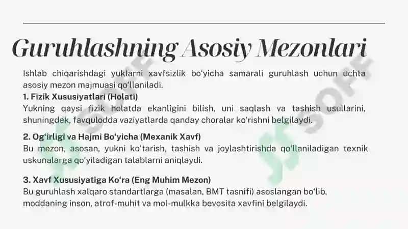 Ishlab chiqarishdagi yuklarning xavfsizlik bo'yicha guruhlanishi 6