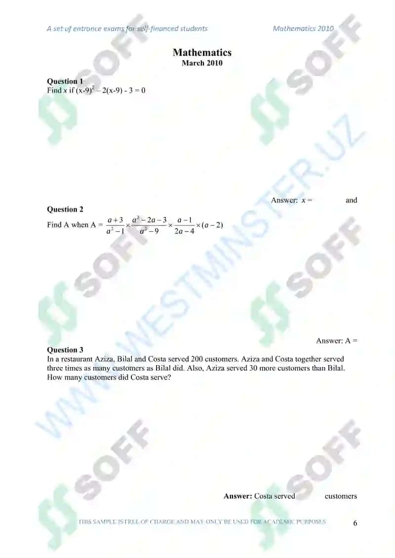 Mathematics Entrance Test 6