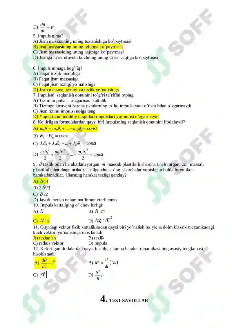 TEST SAVOLLAR fizika 6
