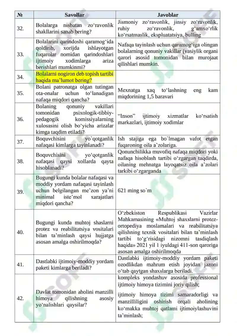 Inson ijtimoiy xizmatlar markazlarida faoliyat yurituvchi xodimlarning bilimini baholash uchun namunaviy savollari Argos testlar 6