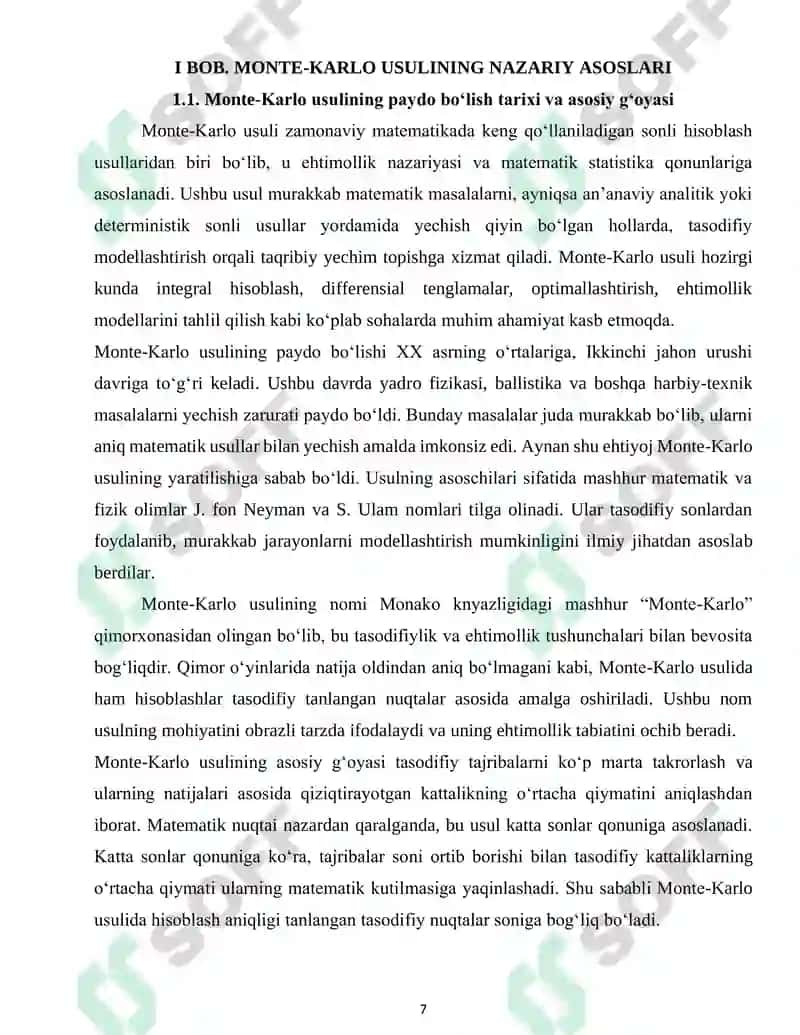 Integralni taqribiy hisoblash uchun Monte-Karlo usuli 7