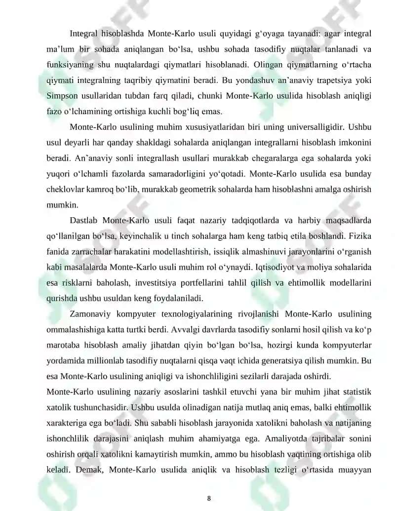 Integralni taqribiy hisoblash uchun Monte-Karlo usuli 8
