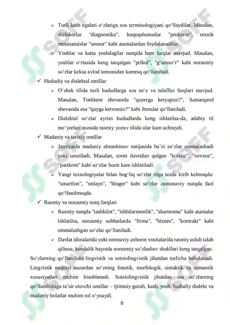 Oʻzbek tilida soʻzlarning qoʻllanilish darajasiga koʻra turlari 8