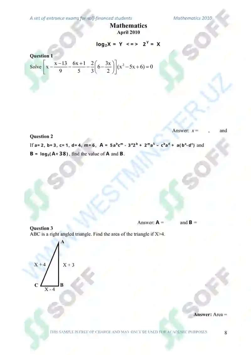 Mathematics Entrance Test 8