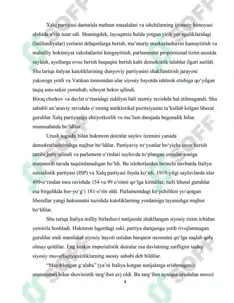 ITALIYADA TOTALITAR TIZIMNING O'RNATILISHI 8