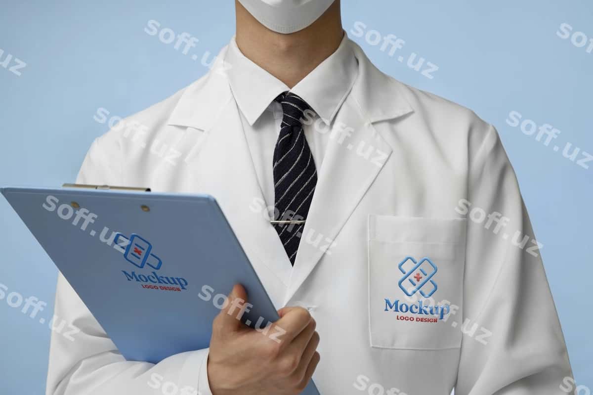 Laboratoriya paltosini kiygan odamning maket dizayni | Person wearing lab coat mock up design 1