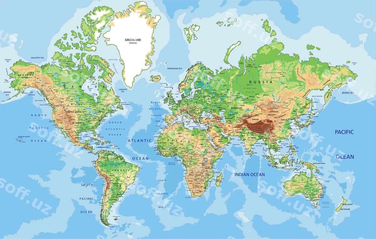Jismoniy dunyo xaritasi Mercator proektsiyasi | Physical world map mercator projection 1