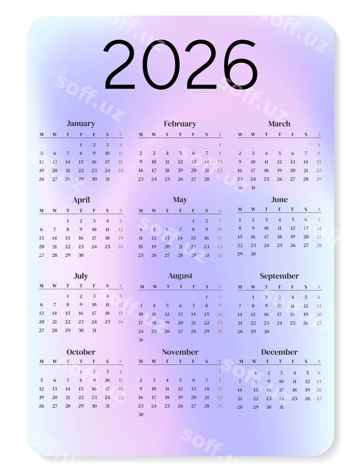 2026-yil Qozon takvimi hafta dushanbadan boshlanadi | Pocket calendar 2026 week starts monday 1