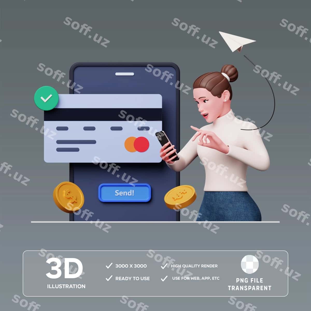 Psd ayol pul yuborish 3D illustratsiya | Psd girl sending money 3d illustration 1