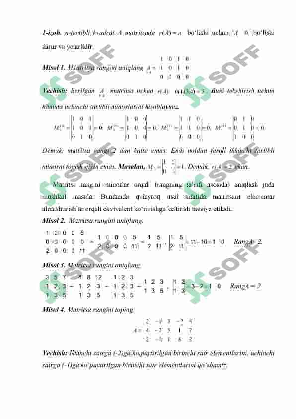 MATRITSANING RANGI. BAZIS MINORLAR. MATRITSANING RANGI HAQIDAGI TEOREMA. 2
