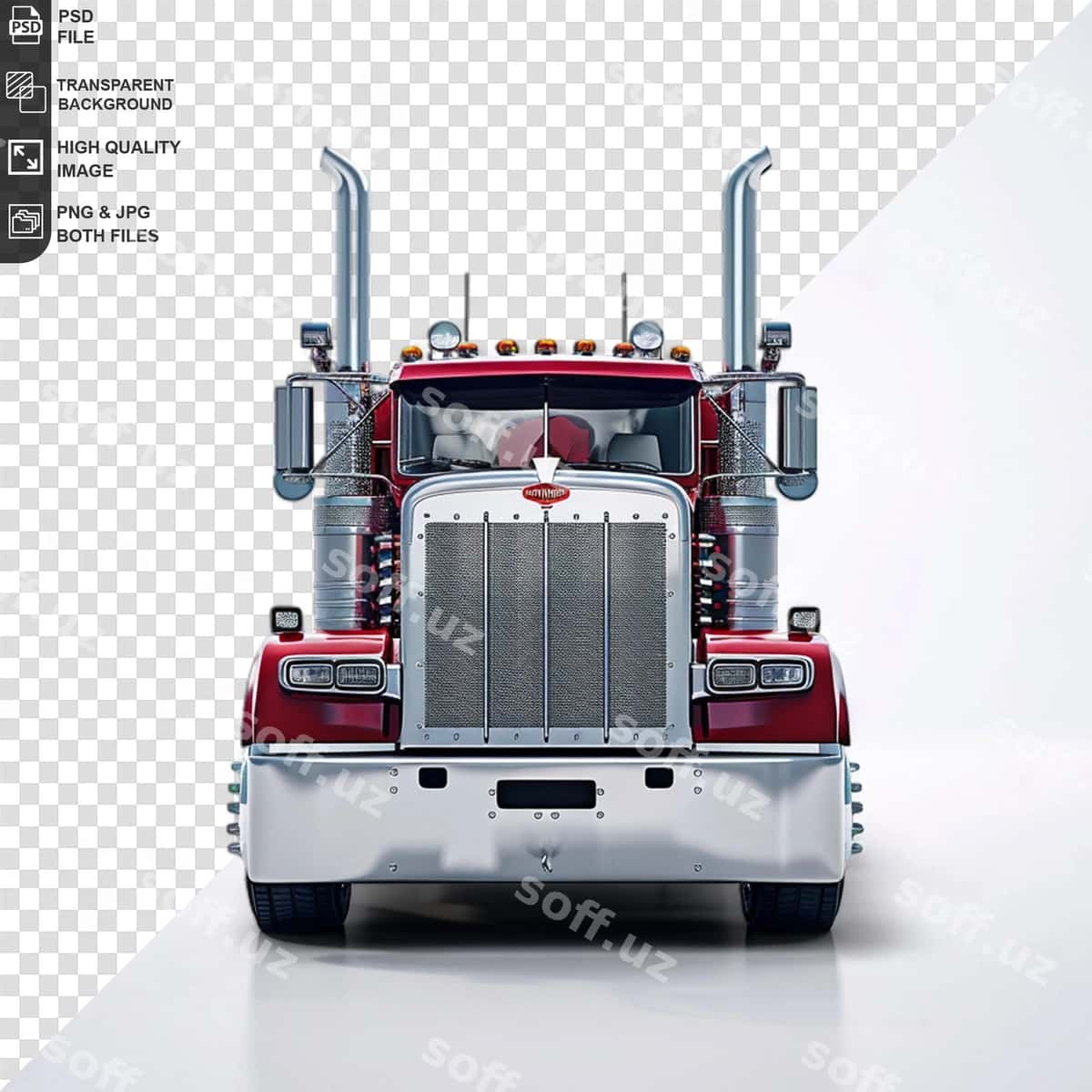Qizil oq yuk avtomobili oldida so'z so'z yozilgan | Red white semi truck with word word front 1