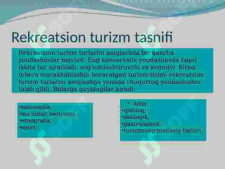Jahon Rekratsion resurslari ularning turlari va mintaqalar bo'yicha taqsimlanishi 7