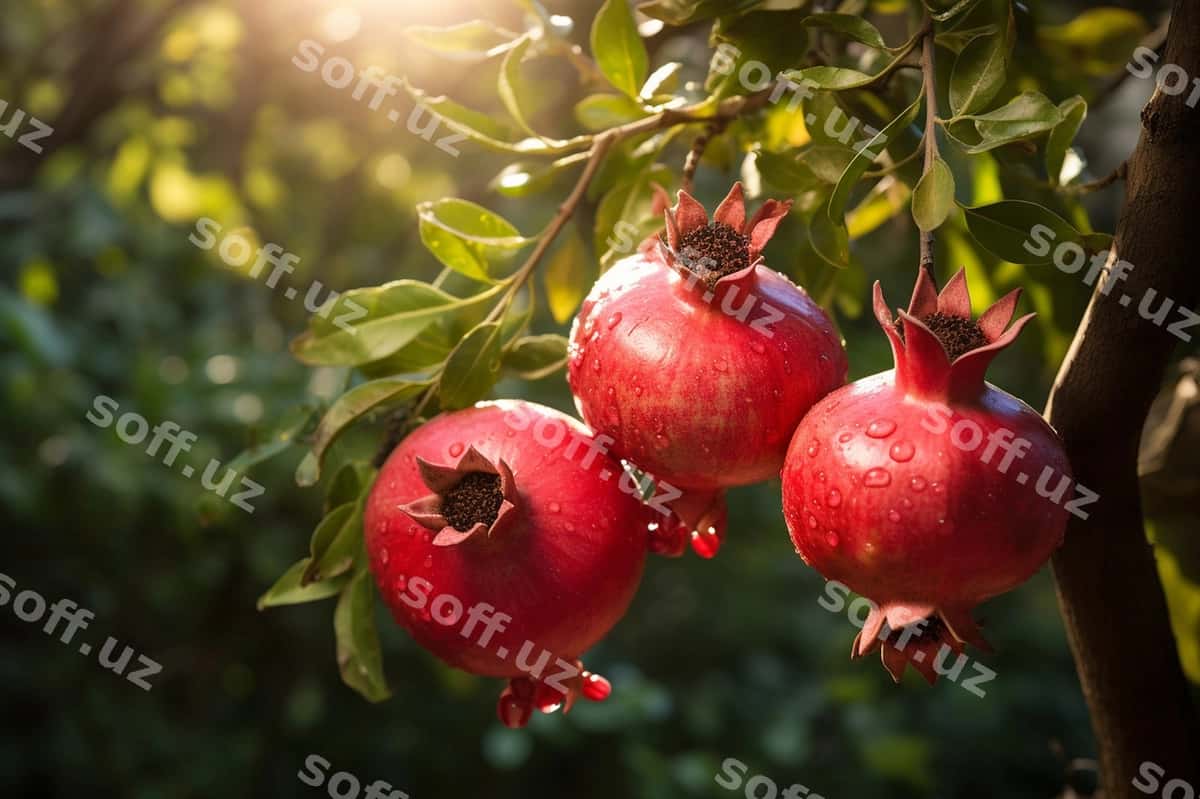 Pomegranatlar o'rgatilgan bog | Ripe pomegranates garden 1