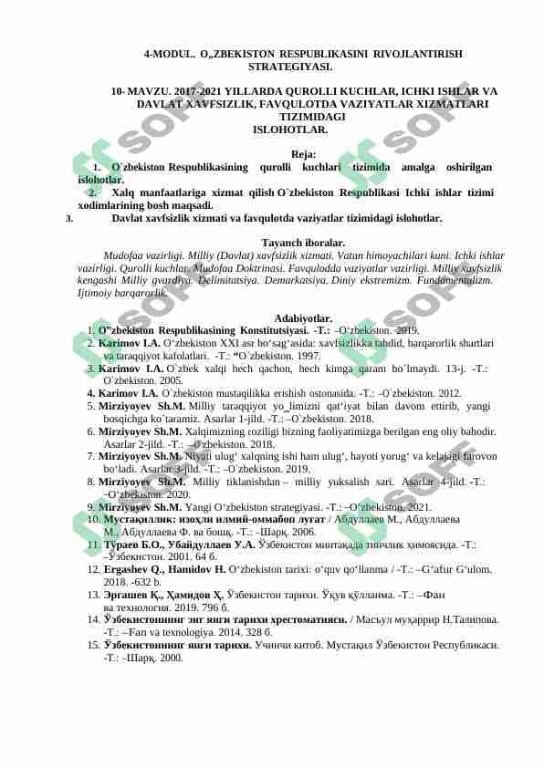 2017-2021 YILLARDA QUROLLI KUCHLAR, ICHKI ISHLAR VA DAVLAT XAVFSIZLIK, FAVQULOTDA VAZIYATLAR XIZMATLARI TIZIMIDAGI ISLOHOTLAR.