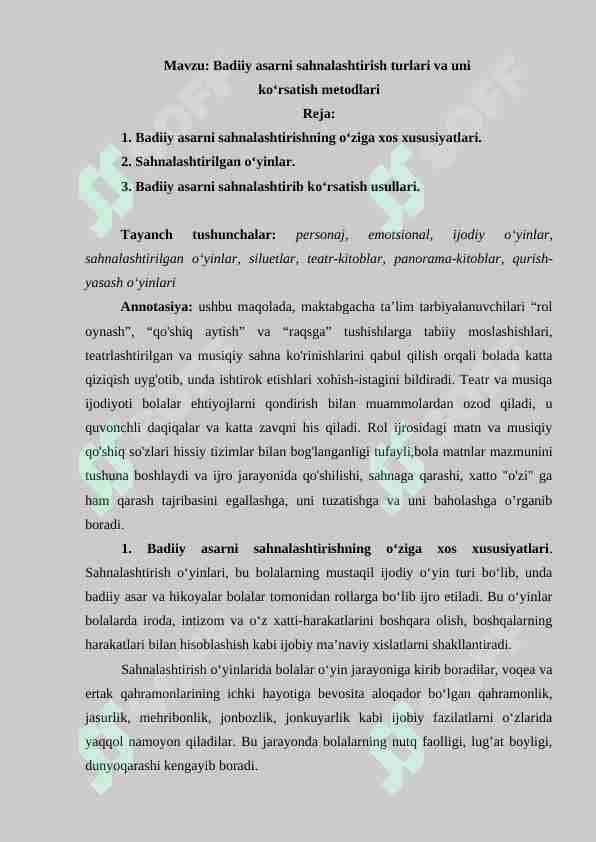 Badiiy asarni sahnalashtirish turlari va uni ko'rsatish metodlari