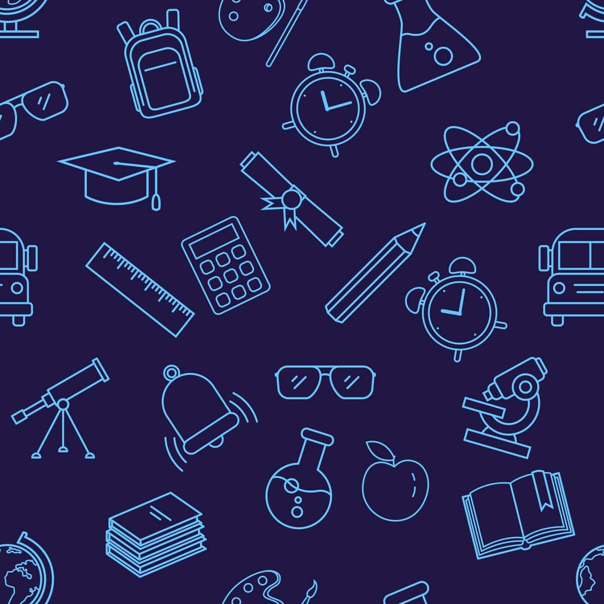 To'q ko'k fonda maktab piktogrammalarining konturli vektorli choksiz naqsh | Vector seamless pattern with outline school icons dark blue background 1