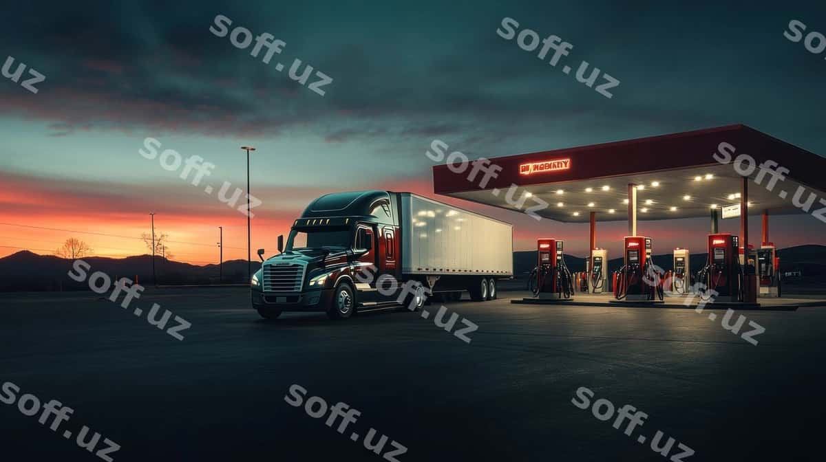 Semitruck yoqilg'i quyish shoxobchasi quyosh botishi | Semitruck gas station sunset 1