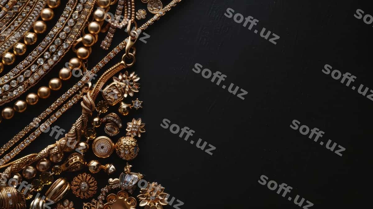 Qorong'i sirtga oltin zargarlik buyumlarini qo'ying | Set gold jewelry laid out dark surface 1