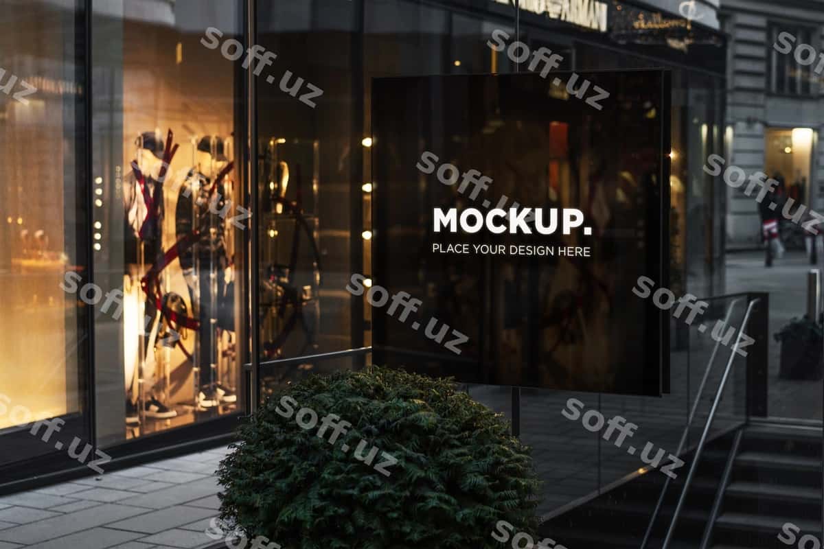 Do'kon belgisi logotipi namunasi yuzani aynalaydi | Shop sign logo mockup mirrors surface 1