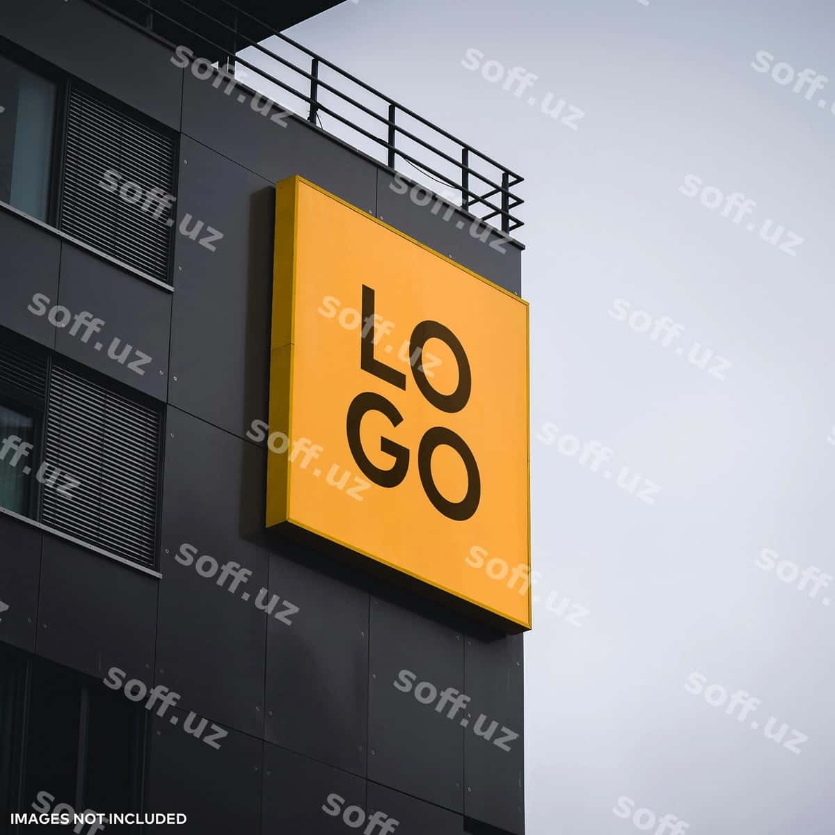Belgi bino modeliga asadi | Sign hangs building mockup 1