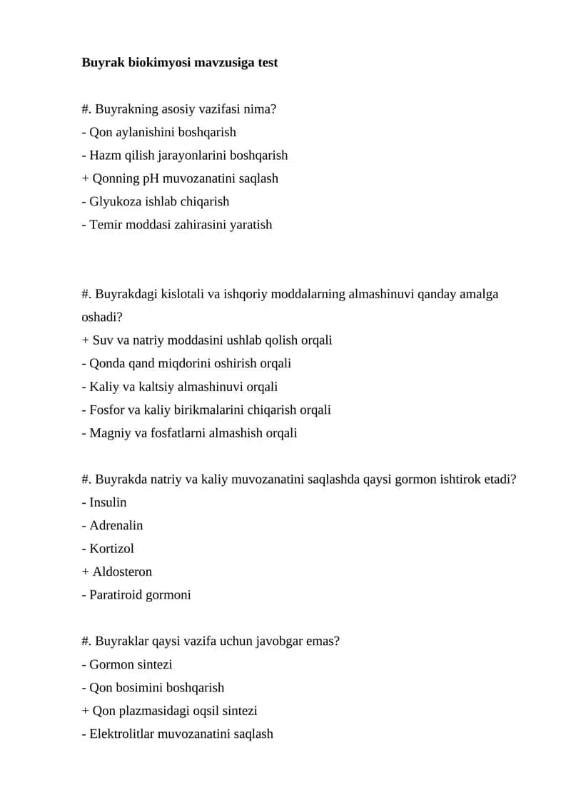 Buyrak biokimyosi mavzusiga test 1